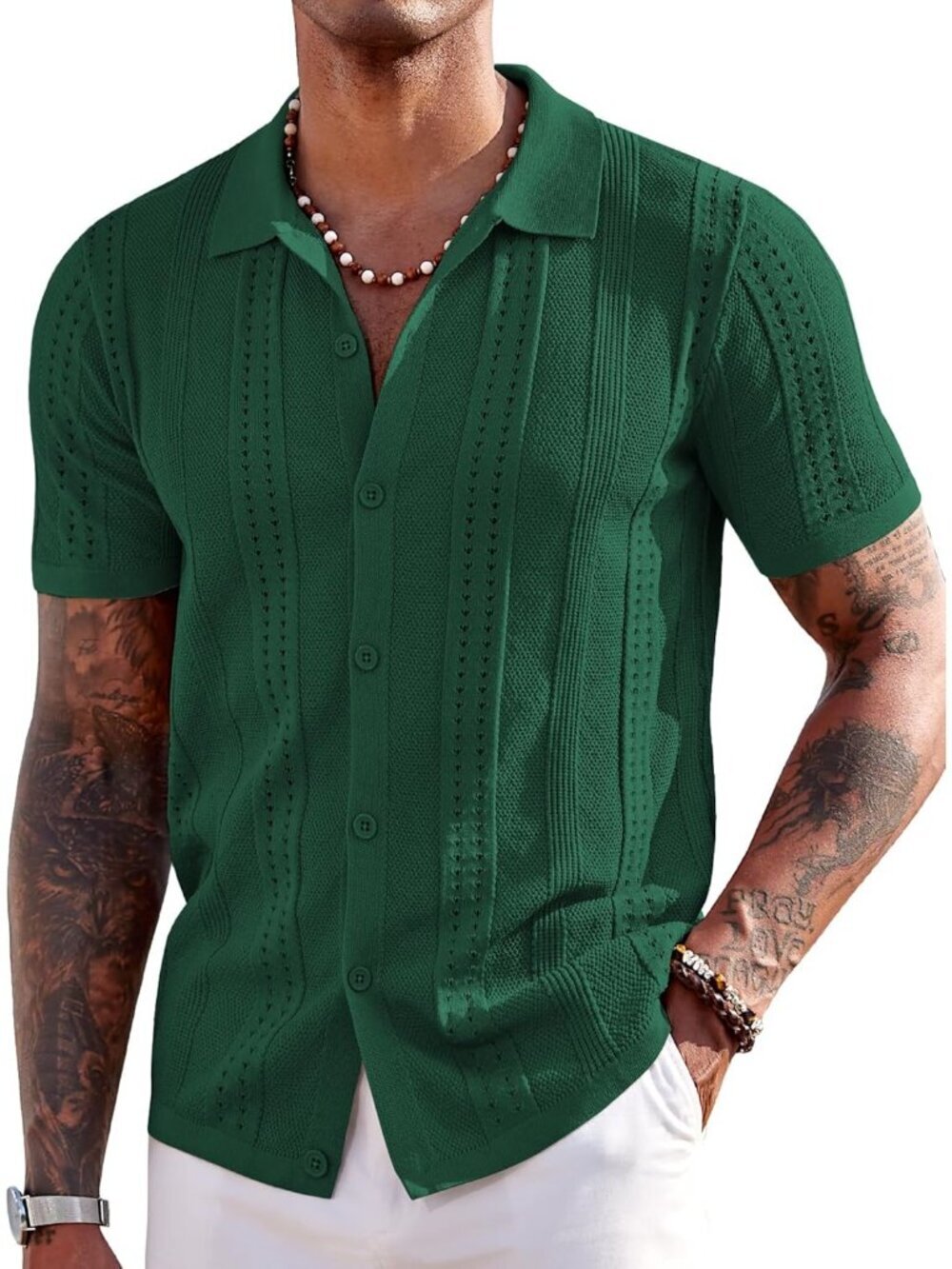 Men's Green Knit Short Sleeve Button Down Polo Casual Summer Beach Shirt